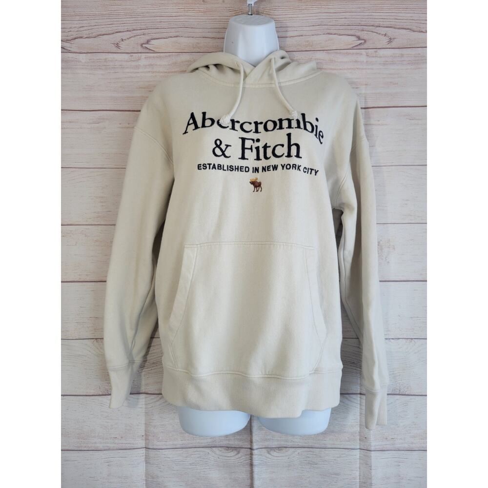 Abercrombie & Fitch Center Moose Embroidered Hoodie Size S Ivory White Spellout